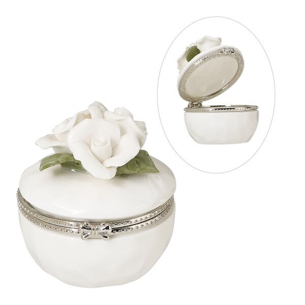 Trinket box, porcelain / imitation rhodium-finished brass / steel, white and green, 2-inch textured round with flowers, leaves and bow. Sold individually. image number 0