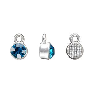 Drop, silver-finished "pewter" (zinc-based alloy) and glass rhinestone, zircon blue, 8mm faceted round, December birthstone. Sold per pkg of 4.