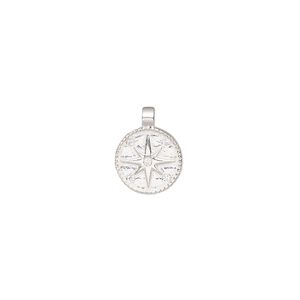Charm, sterling silver and cubic zirconia, clear, 10mm double-sided compass rose, Sold Individually.