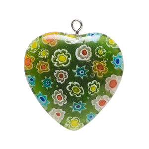 Focal, millefiori glass and silver-finished steel 1pkg1, translucent green and multicolored, 29-30mm puffed heart.