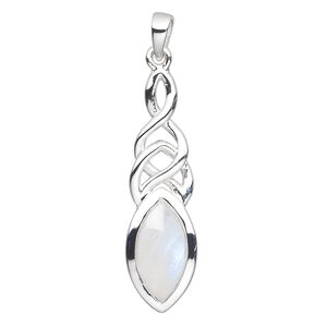 Pendant, rainbow moonstone (natural) and sterling silver, 37mm with 14x7mm marquise. Sold individually.