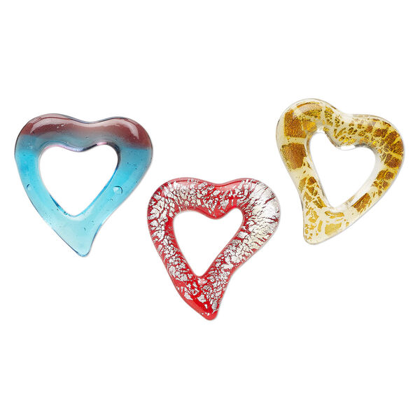 Random focal mix, lampworked glass, translucent mixed colors, 50x47mm-53x52mm puffed open heart with silver-colored foil. Sold per pkg of 3. image number 0