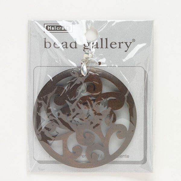 Pendant, silver-finished "pewter" (zinc-based alloy) and wood (dyed), dark brown, 60mm carved round with cutout swirls. Sold individually. image number 0