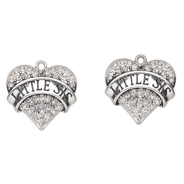Charm, antique silver-finished enamel "pewter" (zinc-based alloy) and glass, clear and black, 24x23mm heart with "Little Sis". Sold per pkg of 2. image number 0