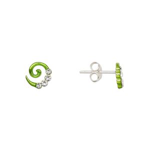 Earstud, Create Compliments®, enamel and sterling silver, green, 7mm swirl. Sold per pair.