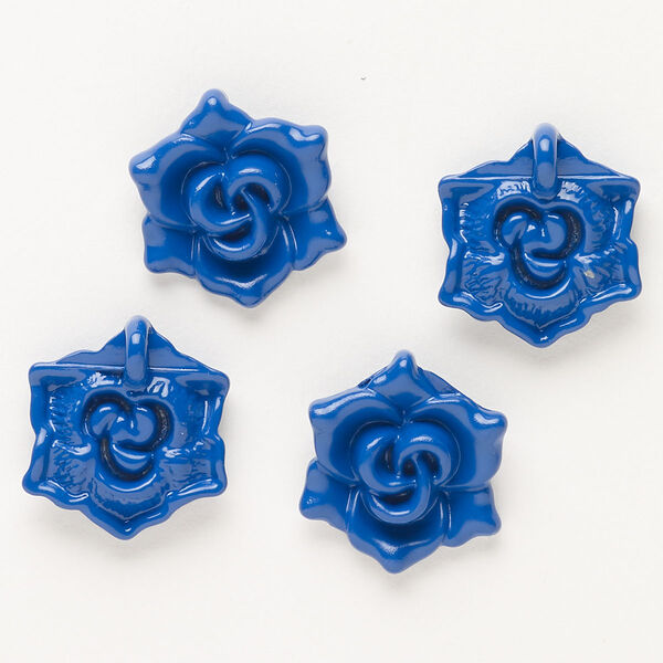 Charm, "pewter" (zinc-based alloy) and enamel, pkg/4, blue, 18x16mm flower with hidden loop. image number 0