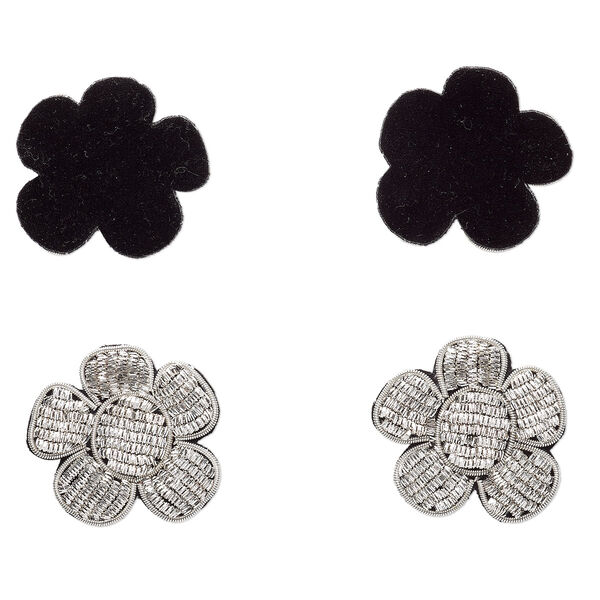 Sew-on component, velveteen and silver-finished copper French wire, black, 1-1/2 x 1-1/2 inch flower. Sold per pkg of 2. image number 0