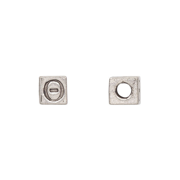 Bead, antiqued pewter (tin-based alloy), 7mm cube with Greek letter, THETA. Sold per pkg of 4. image number 0