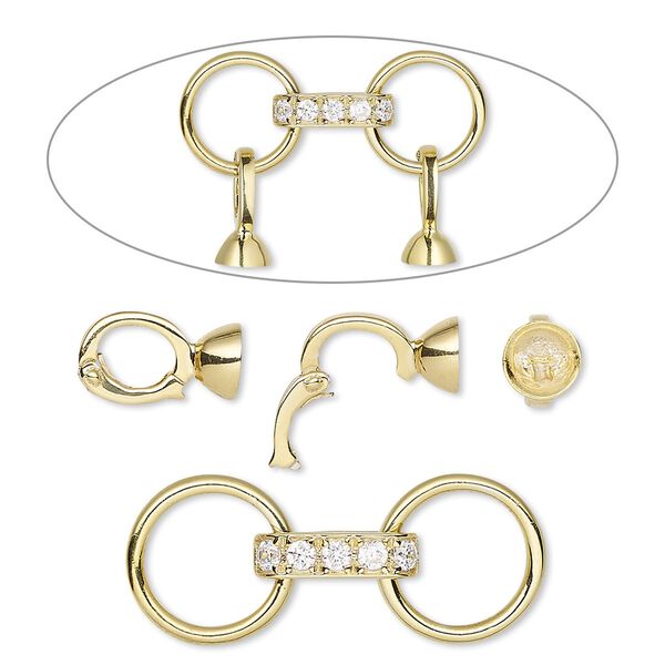 Connector, cubic zirconia and "vermeil," clear, 28x19.5mm with 11x6mm hinged bead hanger and 6mm cup, fits up to 6mm bead. Sold individually. image number 0
