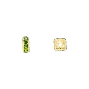 Bead, glass rhinestone and gold-finished brass, peridot green, 6x3mm squaredelle. Sold per pkg of 10.