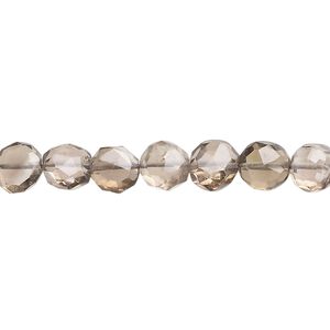 Smoky quartz 1pkg1, hand-cut faceted puffed flat round bead 14 inch 6-8mm