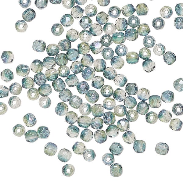 Bead, Czech fire-polished glass 1pkg120, green and teal luster half-coated, 3mm faceted round. image number 0