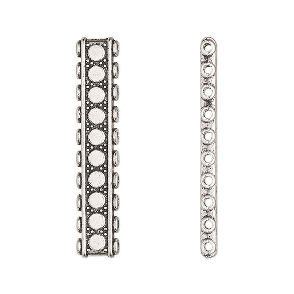 Spacer bar, antique silver-finished "pewter" (zinc-based alloy), 33x6mm 10-strand double-sided flat rectangle with beaded design, fits up to 3mm beads. Sold per pkg of 6. image number 0
