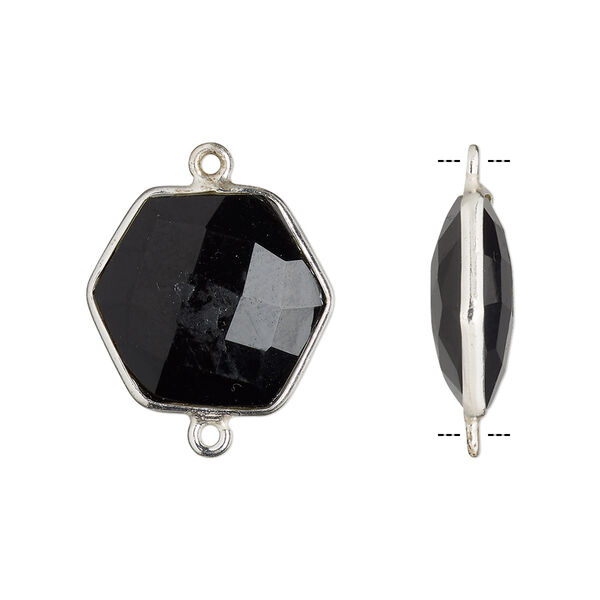Link, black onyx (dyed) and sterling silver, black, 18x17mm-20x18mm hand-cut double-sided faceted hexagon. Sold individually. image number 0