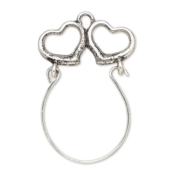 Focal, antique silver-finished "pewter" (zinc-based alloy) and steel, 36x23mm single-sided charm holder with 24x9mm hearts. Sold per pkg of 2. image number 0