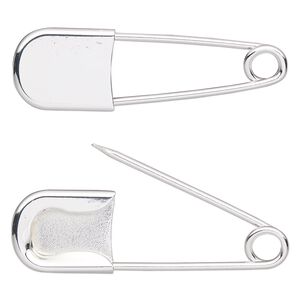 Safety pin, silver-finished steel and "pewter" (zinc-based alloy), 2-1/2 x 3/4 inches. Sold per pkg of 2.