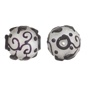 Bead, lampworked glass, opaque matte black and white with leaf and swirl design, 18mm round. Sold individually.