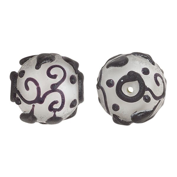 Bead, lampworked glass, opaque matte black and white with leaf and swirl design, 18mm round. Sold individually. image number 0