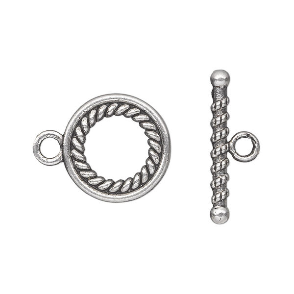 Clasp, toggle, antique silver-plated "pewter" (zinc-based alloy), 16mm double-sided fancy twisted roped round. Sold per pkg of 10. image number 0