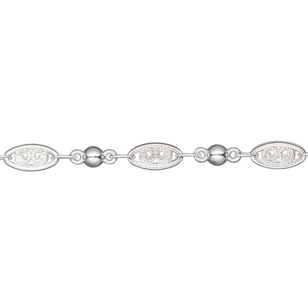 Chain, silver-plated "pewter" (zinc-based alloy), 4mm filigree and 3mm ball. Sold per pkg of 5 feet. image number 0