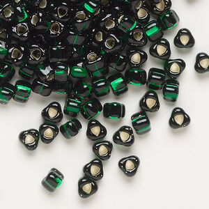 Seed bead, Miyuki 1pkg10g, glass, #5 triangle, transparent silver-lined dark green (TR-1806)