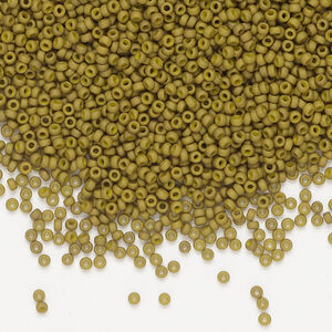 Seed bead, Miyuki, 1pkg250g, glass, #15 rocaille, opaque matte gold luster golden olive (RR-2032)