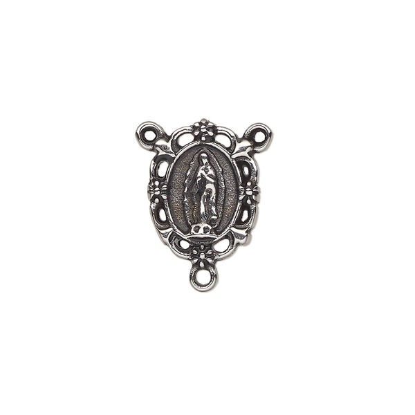 Connector, antiqued stainless steel, 16x12mm double-sided oval rosary with Lady Guadalupe and flower edge. Sold individually. image number 0