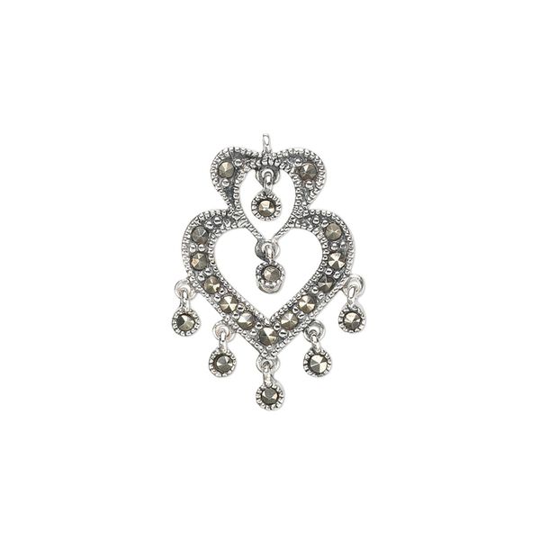 Marcasite / sterling silver 1pkg1, open 2-heart drop natural 21x16mm image number 0
