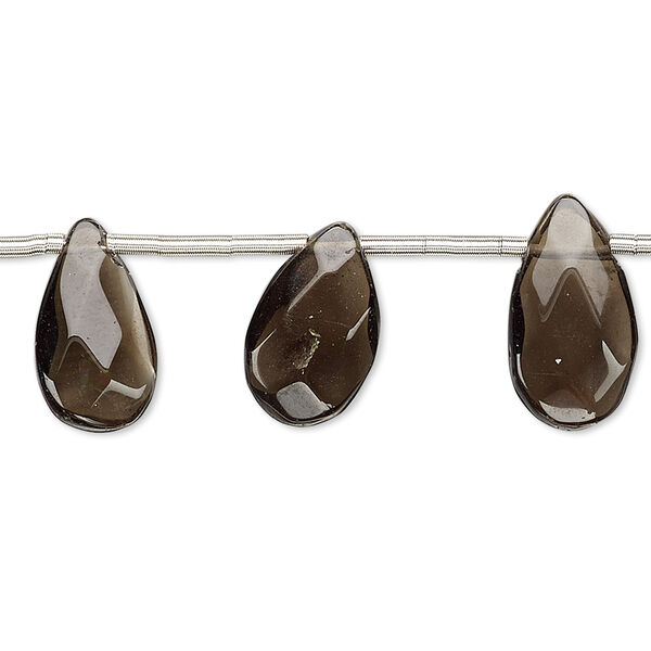 Bead, smoky quartz (heated / irradiated), medium to dark, 12x7mm-16x9mm hand-cut top-drilled faceted puffed teardrop, B- grade, Mohs hardness 7. Sold per pkg of 12 beads. image number 0