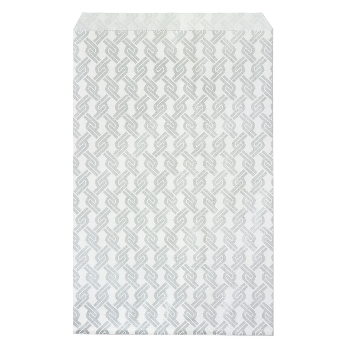 Bag, paper, white and silver, 9x6 inch rectangle with chainlink-print ...