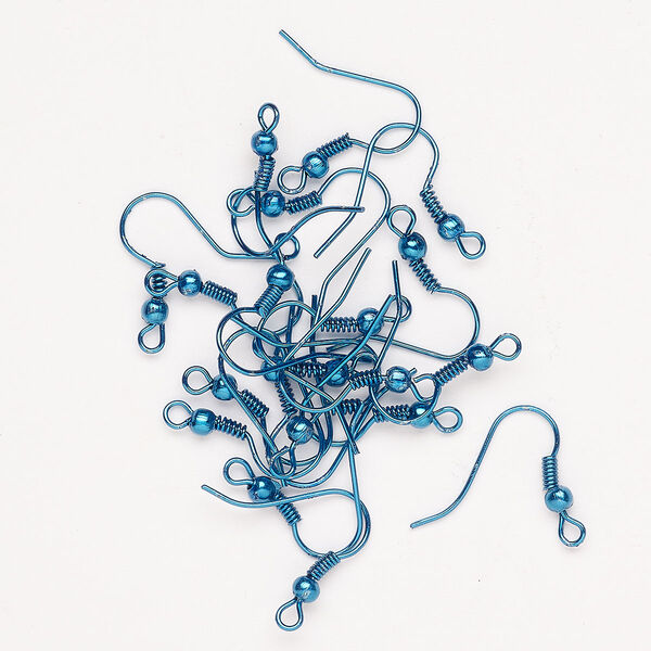 Ear wire steel 1pk 18mm fishhook open loop 3mm ball 4mm coil, anodized bright teal 22 gauge 10 pairs image number 0