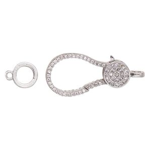 Clasp lobster claw 1pkg1 silver-plated, 24.5x12.5mm double-sided, brass / cubic zirconia clear 1-strand
