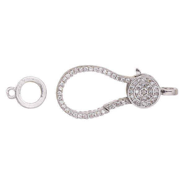 Clasp, lobster claw, cubic zirconia and silver-plated brass, clear, 24.5x12.5mm double-sided with 7.5mm ring. Sold individually. image number 0