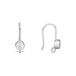 Ear wire fishhook 1pkg2 sterling silver / cubic zirconia, 17mm / 5mm faceted round / open loop, 21 gauge clear 1 pair