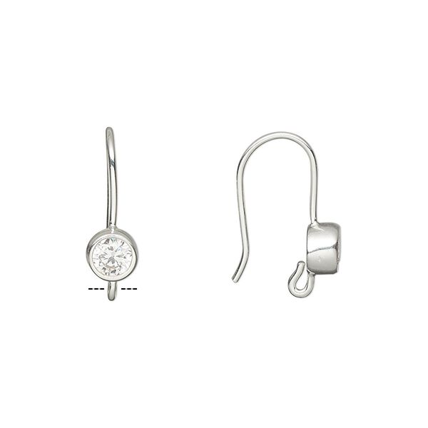 Ear wire fishhook 1pkg2 sterling silver / cubic zirconia, 17mm / 5mm faceted round / open loop, 21 gauge clear 1 pair image number 0