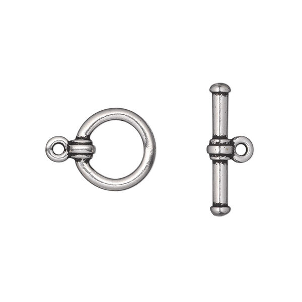 Clasp, TierraCast®, toggle, antique silver-plated pewter (tin-based alloy), 12mm round with cuff design. Sold per pkg of 10. image number 0
