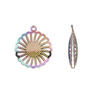 Drop, electro-coated stainless steel, rainbow, 18mm double-sided domed round with textured cut-out sun design. Sold per pkg of 6.