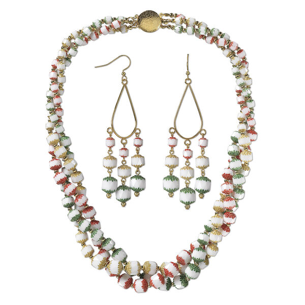 Necklace and earring set, One of a Kind Jewelry, gold-plated brass and glass, white and multicolored, 21-inch necklace. Only one available. image number 0
