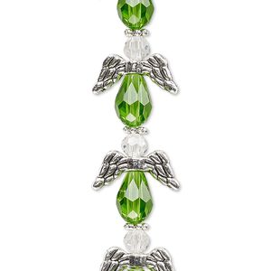 Bead, crystal and antique silver-plated "pewter" (zinc-based alloy), transparent lime green and clear, 17x14mm angel. Sold per pkg of 6.