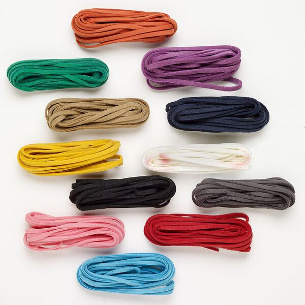 Cord mix 1pkg12, faux leather, assorted colors, 3mm flat rectangle, pkg of (12) 30-foot sections. image number 0