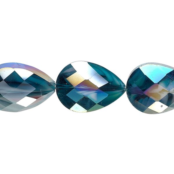 Bead, millefiori glass, marbled teal AB, 18x13mm faceted teardrop. Sold per 8-inch strand, approximately 10 beads. image number 0