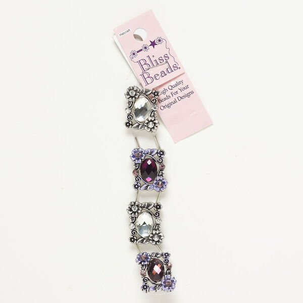Bead assortment spacer "pewter" zinc-based alloy acrylic glass enamel 4pk 27x21mm 2-strand rectangle, antique silver finish multi-purple image number 0