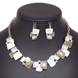 Necklace and earring set, Everyday Jewelry, enamel / glass rhinestone / imitation rhodium-plated brass / "pewter" (zinc-based alloy), multicolored, square, 16 inches with 2-inch extender chain and lobster claw clasp, 30mm earrings with leverback ear wire. Sold per set.