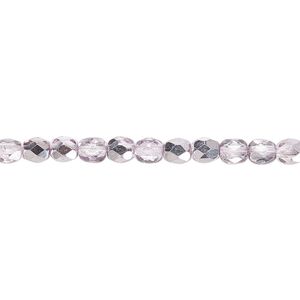 Bead, Czech fire-polished glass, clear with half-coat metallic pink silver, 4mm faceted round. Sold per 15-1/2" to 16" strand.