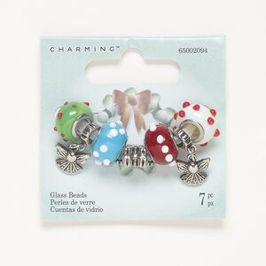 Bead assortment 1pkg7, glass / antique silver-finished brass and stainless steel, multicolored, 12x9mm-15x10mm mixed shapes.