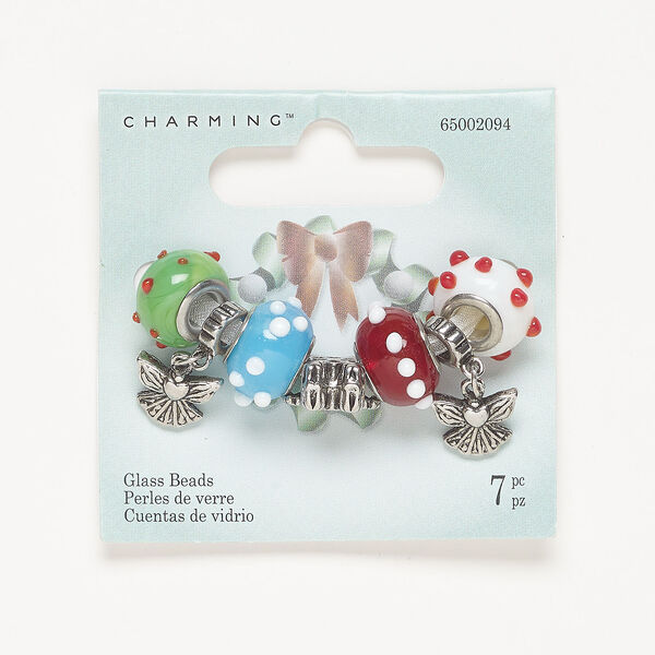 Bead assortment 1pkg7, glass / antique silver-finished brass and stainless steel, multicolored, 12x9mm-15x10mm mixed shapes. image number 0