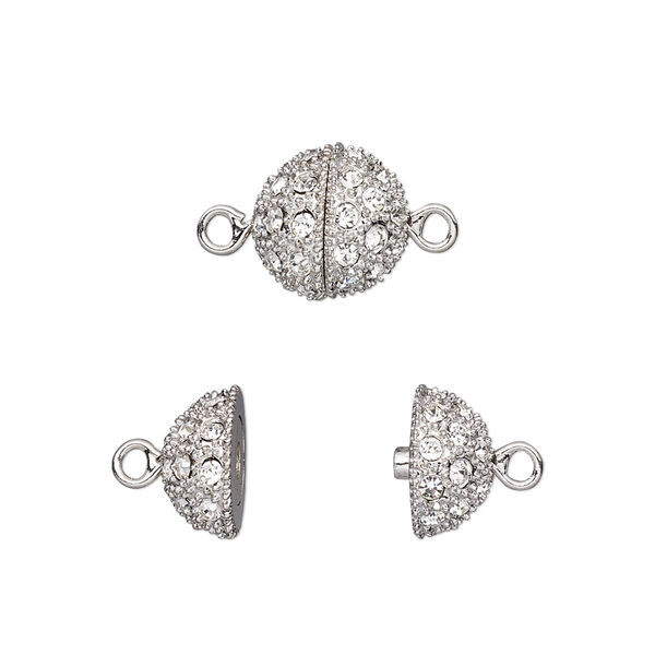 Clasp, magnetic, crystal and rhodium-plated pewter (tin-based alloy), clear, 10mm textured round. Sold individually. image number 0