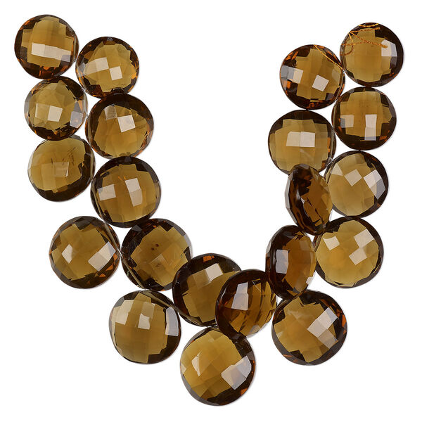 Bead, golden quartz (heated), dark, 18-22mm graduated hand-cut top-drilled faceted puffed flat round, B+ grade, Mohs hardness 7. Sold per 8-inch strand. image number 0