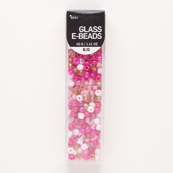 Seed bead mix, glass, pkg/40g, #6 round, opaque and translucent pink, white and dark pink. image number 0