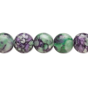 Bead, resin and painted ceramic, purple / green / white, 10mm puffed flat round. Sold per 15-1/2" to 16" strand.